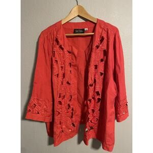 Bob Mackie Wearable Art Women Cardigan 3X Red Linen Rayon Embroidered Open Front